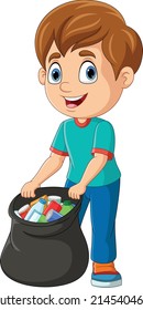 Cartoon-Junge, der Flaschen in Mülltüte packt