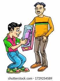 Cartoon a boy get car toy given as a gift by his father