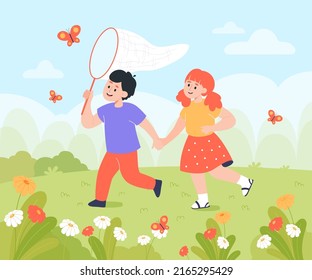 Cartoon boy and girl catching butterflies together in garden. Lawn with beautiful flowers, children catching insects with ne flat vector illustration. Nature, spring, science concept for banner