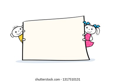 Cartoon boy and girl characters holding placard in hands. Banner sign design in doodle style. Vector illustration