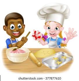 Cartoon boy and girl children, one black one white, dressed as chefs or bakers in aprons baking cakes and cookies