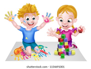 Cartoon boy and girl, could be brother and sister, playing with toys, with paints and toy building blocks