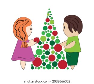 Cartoon boy and girl decorate a Christmas tree. Vector. Isolated