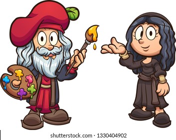 Cartoon boy and girl disguised as Leonardo da Vinci and the Mona Lisa clip art. Vector illustration with simple gradients. Each on a separate layer. 
