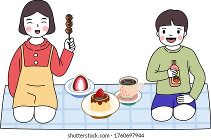 Cartoon of boy and girl enjoy with sweet dessert and tea. Brother and sister love to eat pudding, okonomiyaki and Daifuku Mochi. It’s very yummy. Simple cute hand draw line vector flat design
