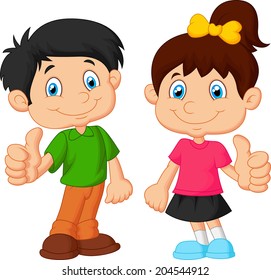 Cartoon boy and girl giving thumb up