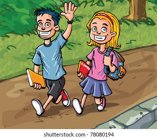 Cartoon boy and girl going to school. Path and woods behind