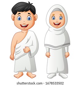 Cartoon boy and girl Hajj Eid Al Adha. Vector illustration