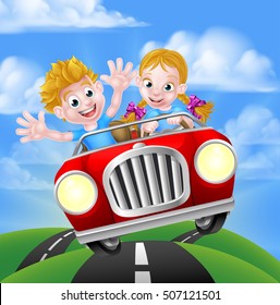 A cartoon boy and girl having fun driving fast in a car on a road trip