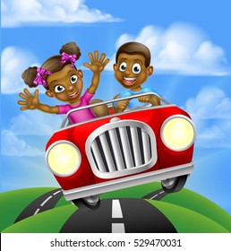 A cartoon boy and girl having fun driving fast in a car on a road trip
