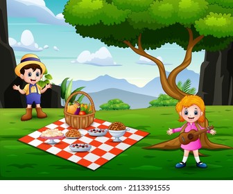Cartoon of a boy and girl having a picnic together in the park