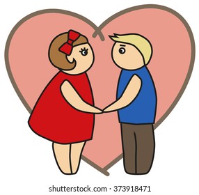 cartoon boy and girl hold each other's hands on the background of the heart