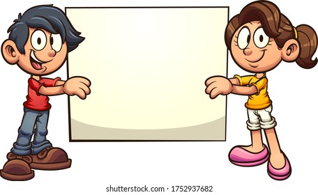 Cartoon boy and girl holding a blank sign. Vector clip art illustration. Some elements on separate layers.
