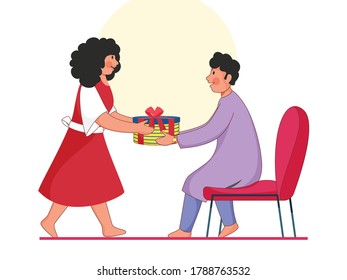 Cartoon Boy And Girl Holding Together A Gift Box On White Background.