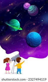 Cartoon boy and girl kids looking through a telescope at space planets. Excited vector children explore night starry sky, vast mysteries of Universe, learn astronomy science, observe galaxy wonders