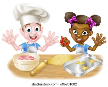 Cartoon boy and girl kids, one black one white, dressed as chefs or bakers baking cakes and cookies