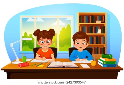 Cartoon boy and girl making homework, cheerful pupils writing in notebooks, vector child students. Boy and girl kids in eyeglasses making school homework lessons, together sitting at table desk