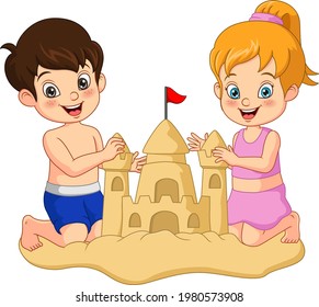 Cartoon boy and girl making sand castles on a beach