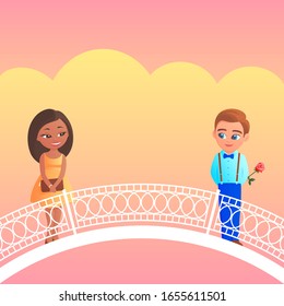 Cartoon boy and girl met on the bridge. She is in a yellow dress and a handbag. He prepared a rose flower behind his back. Vector romantic illustration about love.