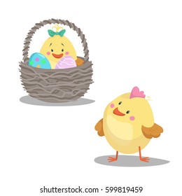 Cartoon boy and girl newborn chickens and wicker wooden basket with easter painted eggs. Easter flat design icon symbols. Vector illustration.