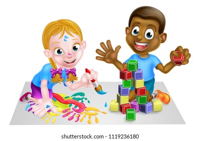 Cartoon boy and girl, one black one white,  playing with toys, with paints and toy building blocks