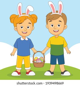 Niño y niña de dibujos animados recogiendo huevos de Pascua