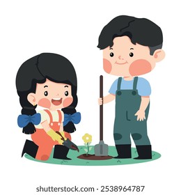 cartoon of a boy and girl planting a tree together