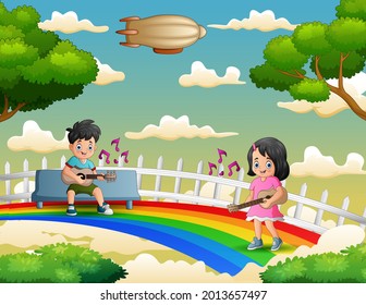 Cartoon a boy and girl playing guitar over the rainbow