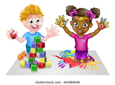 Cartoon boy and girl playing and having lots of fun