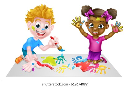 Cartoon boy and girl playing and having creative fun with paints 