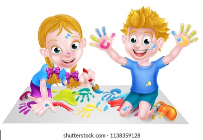 Cartoon boy and girl playing together with paints