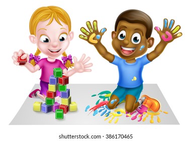 Cartoon boy and girl playing with toys, with paints and toy building blocks