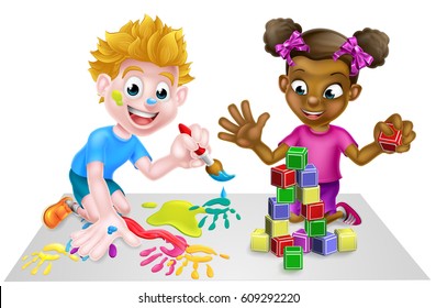 Cartoon boy and girl playing with toys, with paints and toy building blocks