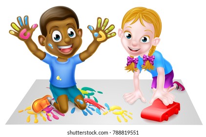 Cartoon boy and girl playing with toys, with paints and toy red car