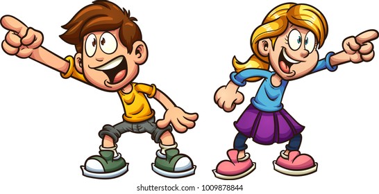 Cartoon boy and girl pointing at something. Vector clip art illustration with simple gradients. Each on a separate layer. 
