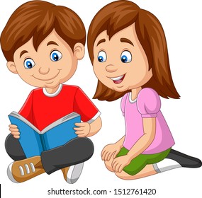 Cartoon boy and girl reading book