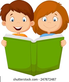 Cartoon boy and girl reading book