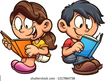 Cartoon boy and girl reading books while sitting down clip art. Vector illustration with simple gradients. Each on a separate layer.
