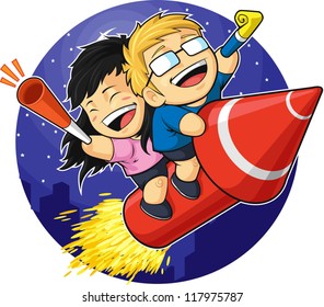 Cartoon of Boy & Girl Riding New Year Firework