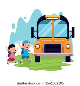 cartoon boy and girl and school bus over white background, colorful design , vector illustration