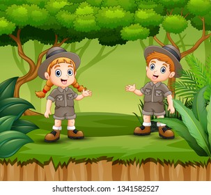 Cartoon boy and girl scout in a forest