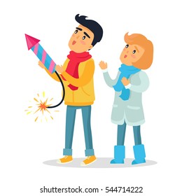 Cartoon boy and girl set off blazing striped firework rocket. Improper behaviour by children with pyrotechnics. Flat vector illustration of frightened little people playing with dangerous equipment