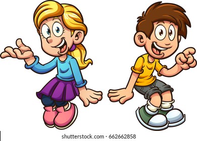 Cartoon boy and girl sitting next to each other. Vector clip art illustration with simple gradients. Each on a separate layer. 