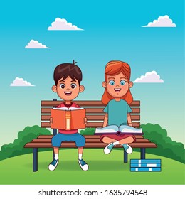 cartoon boy and girl sitting on a park bench over landscape background, colorful design, vector illustration