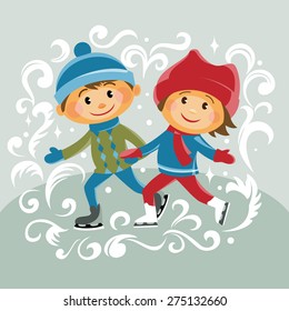cartoon boy and girl skating. frosty pattern. vector illustration.