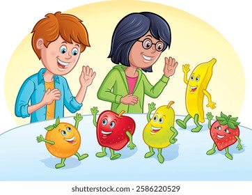 Cartoon of a boy and girl smiling and waving at five cute fruit characters featuring a banana, orange, apple, pear, and strawberry.
