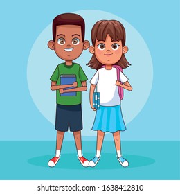 cartoon boy and girl standing over blue background, colorful design, vector illustration