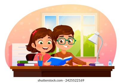 Cartoon boy and girl studying a homework. Cheerful children reading a book, sharing smiles while prepare classes at home together. Vector kids learning, radiate cheerful smiles during study session