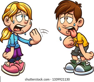 Cartoon boy and girl suffering form heat clip art. Vector illustration with simple gradients. Each on a separate layer. 
