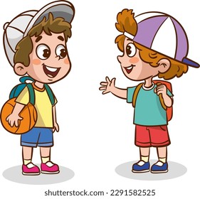 Cartoon boy and a girl talking to each other. Vector illustration.little cute two kids talking vector illustration